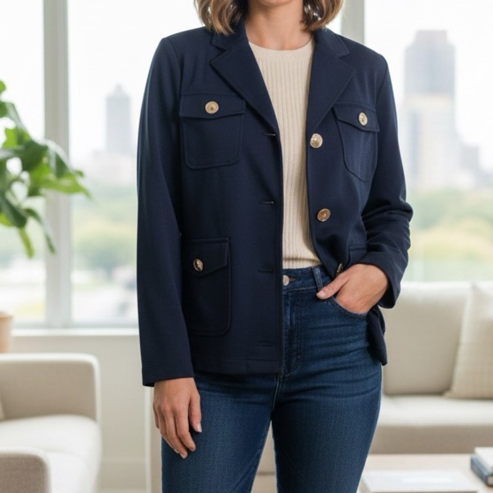 J-Jill Navy Blue Blazer with Structured Shoulders and Fitted Silhouette